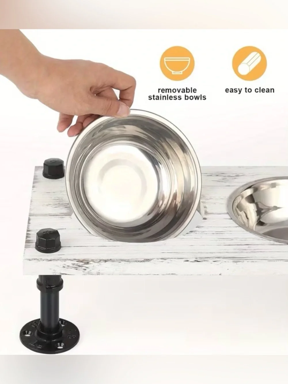 Elevated Pet Dish -Whitewash~Grey W/Black Pipe legs & 2 Stainless Steel bowls 🆕